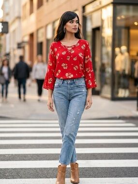 NWT boho  Democracy Red Floral Lace-Up Bell Sleeve Blouse sz Xl
